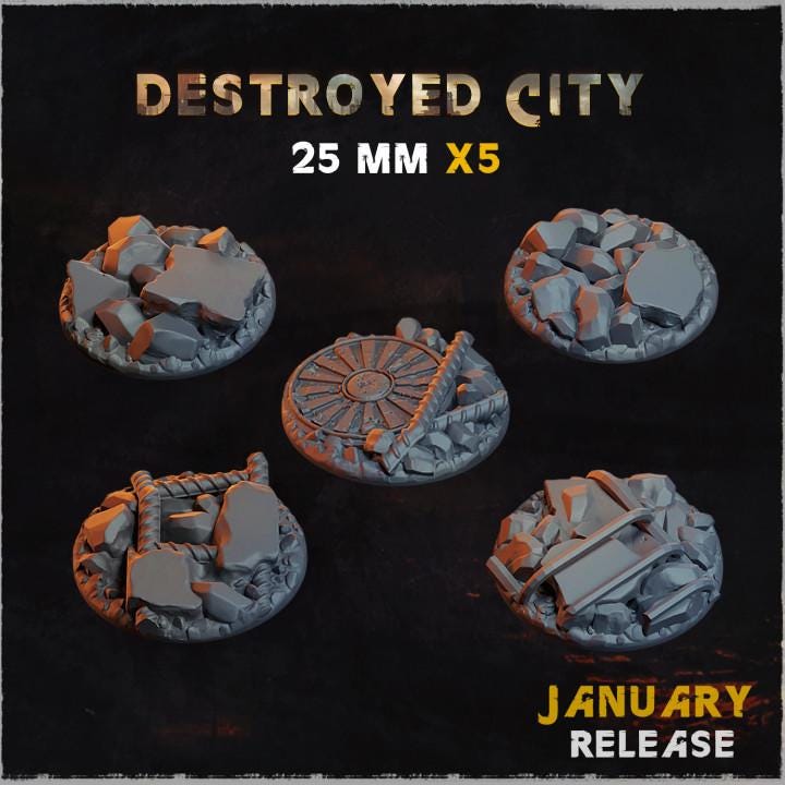 Destroyed City Ruined Urban Miniature Bases – 25mm 28mm 32mm 40mm Scenic Resin Bases for Tabletop Wargaming & RPG