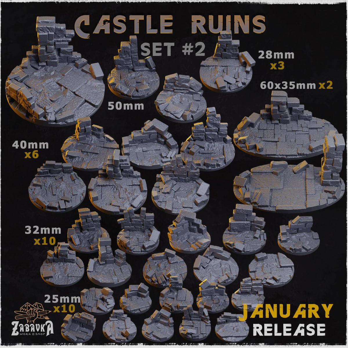 Castle Ruins Fantasy Miniature Bases – 25mm 28mm 32mm 40mm Scenic Resin Bases for Tabletop Wargaming & RPG