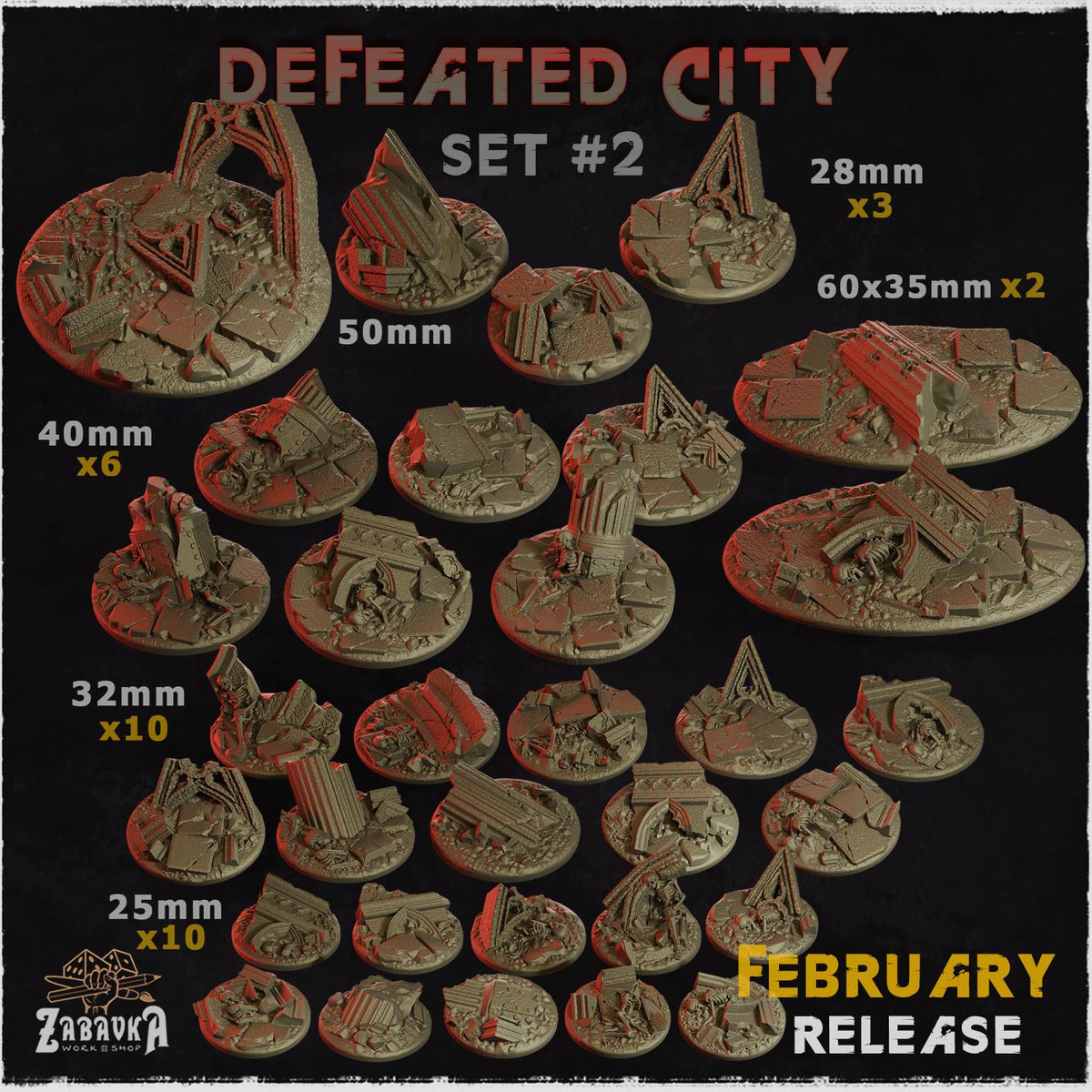 Defeated City Ruined Urban Miniature Bases – 25mm 28mm 32mm 40mm Scenic Resin Bases for Tabletop Wargaming & RPG