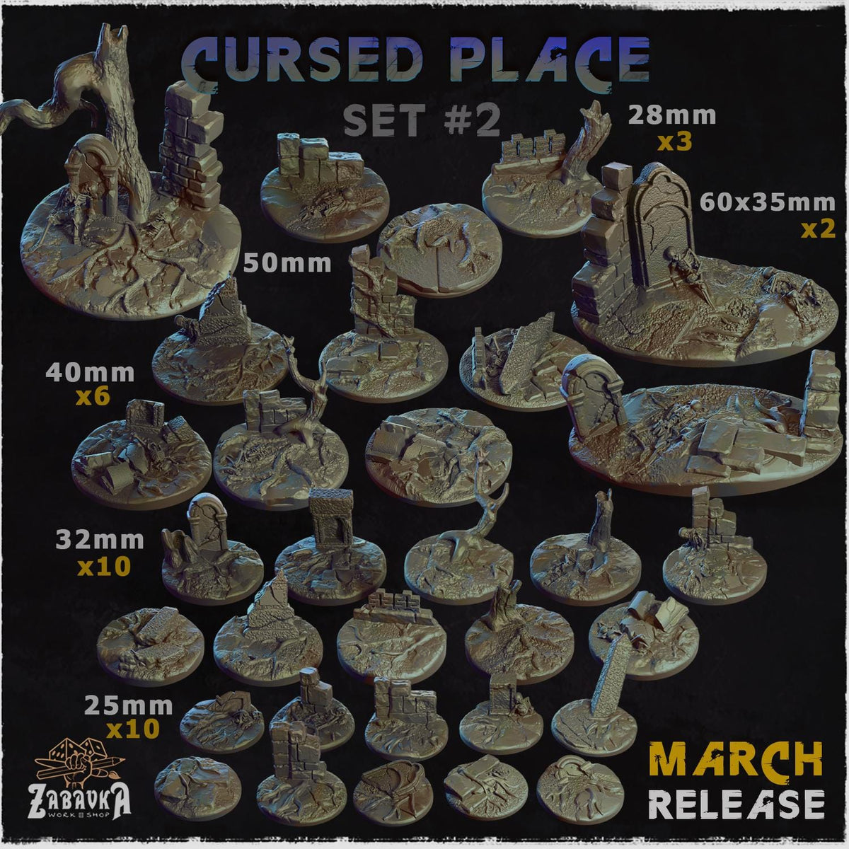 Cursed Place Fantasy Miniature Bases – 25mm 28mm 32mm 40mm Scenic Resin Bases for Tabletop Wargaming & RPG