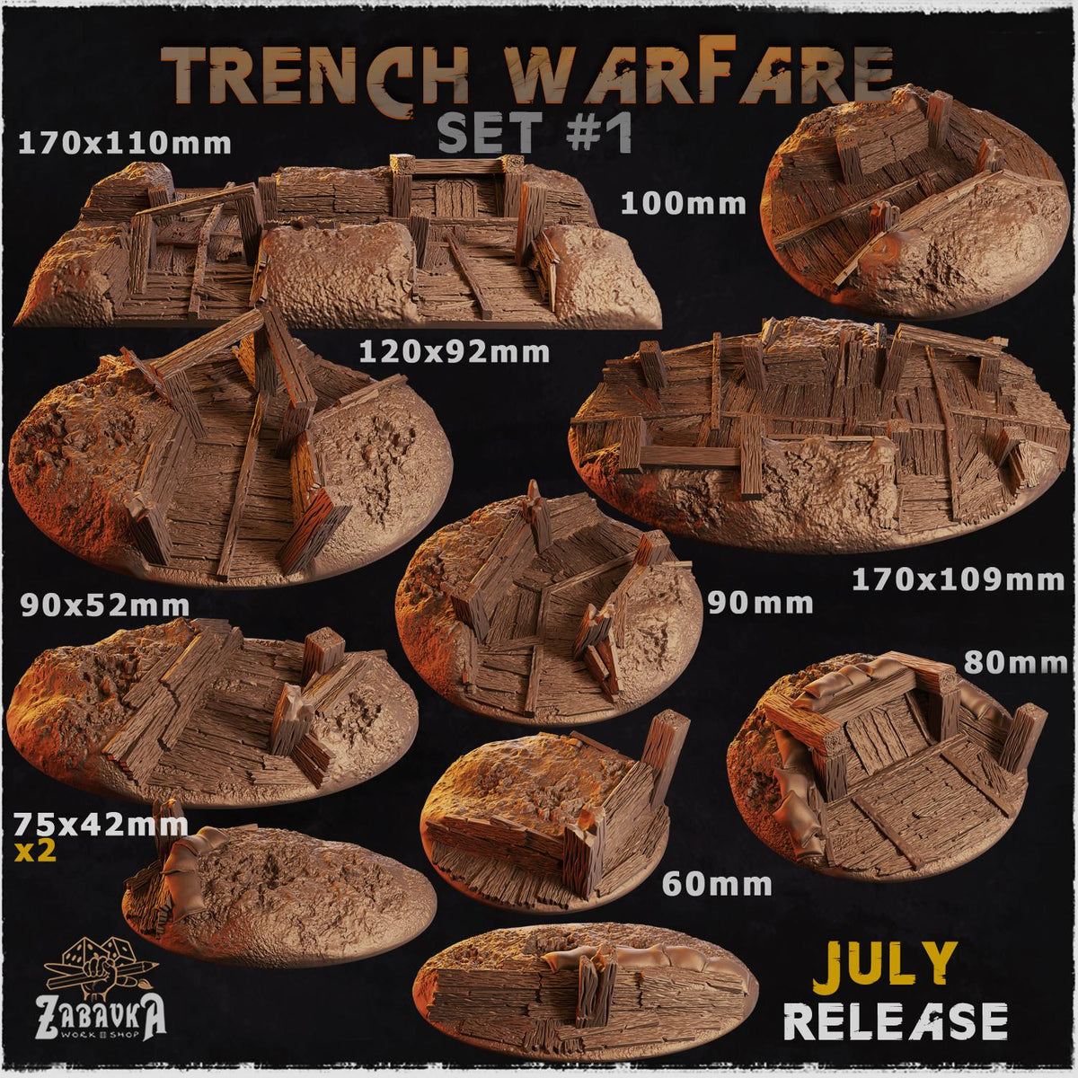 Trench Warfare Battlefield Miniature Bases – 25mm 28mm 32mm 40mm Scenic Resin Bases for Tabletop Wargaming & RPG