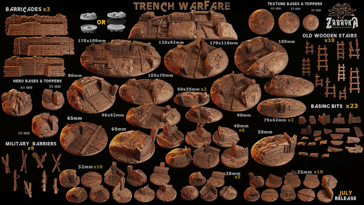 Trench Warfare Battlefield Miniature Bases – 25mm 28mm 32mm 40mm Scenic Resin Bases for Tabletop Wargaming & RPG