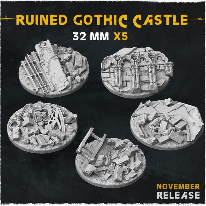 Ruined Gothic Castle Fantasy Miniature Bases – 25mm 28mm 32mm 40mm Scenic Resin Bases for Tabletop Wargaming & RPG