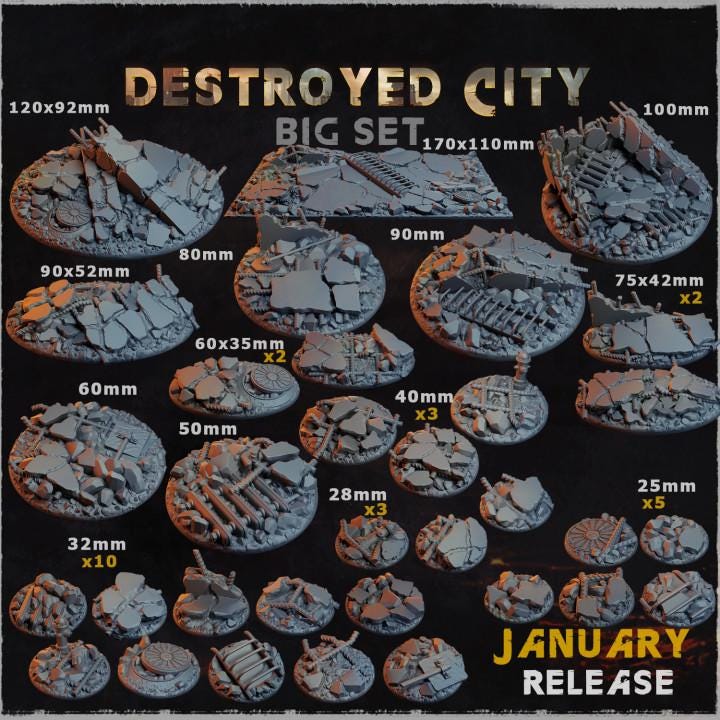 Destroyed City Ruined Urban Miniature Bases – 25mm 28mm 32mm 40mm Scenic Resin Bases for Tabletop Wargaming & RPG