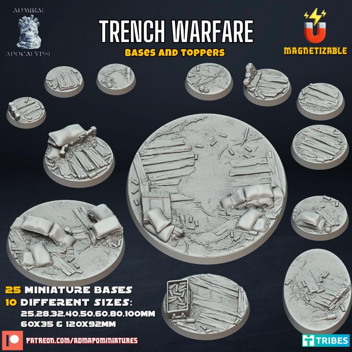 Trench Warfare Battlefield Miniature Bases – 25mm 28mm 32mm 40mm Scenic Resin Bases for Tabletop Wargaming & RPG