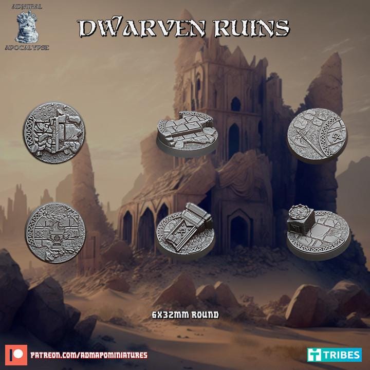 Dwarven Ruins Fantasy Miniature Bases – 25mm 28mm 32mm 40mm Scenic Resin Bases for Tabletop Wargaming & RPG