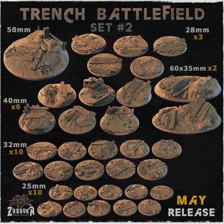 Trench Battlefield – Resin Miniature Bases for 25mm 28mm 32mm 40mm Wargaming