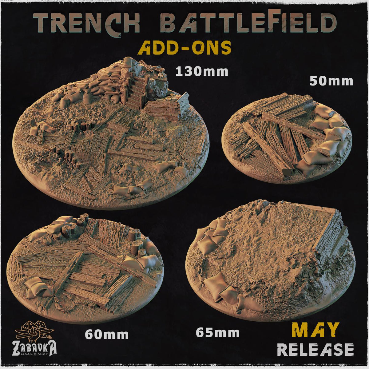 Trench Battlefield – Resin Miniature Bases for 25mm 28mm 32mm 40mm Wargaming